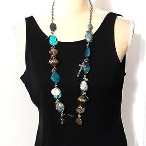28" necklace faux turquoise chunky beaded charm crosses Southwestern